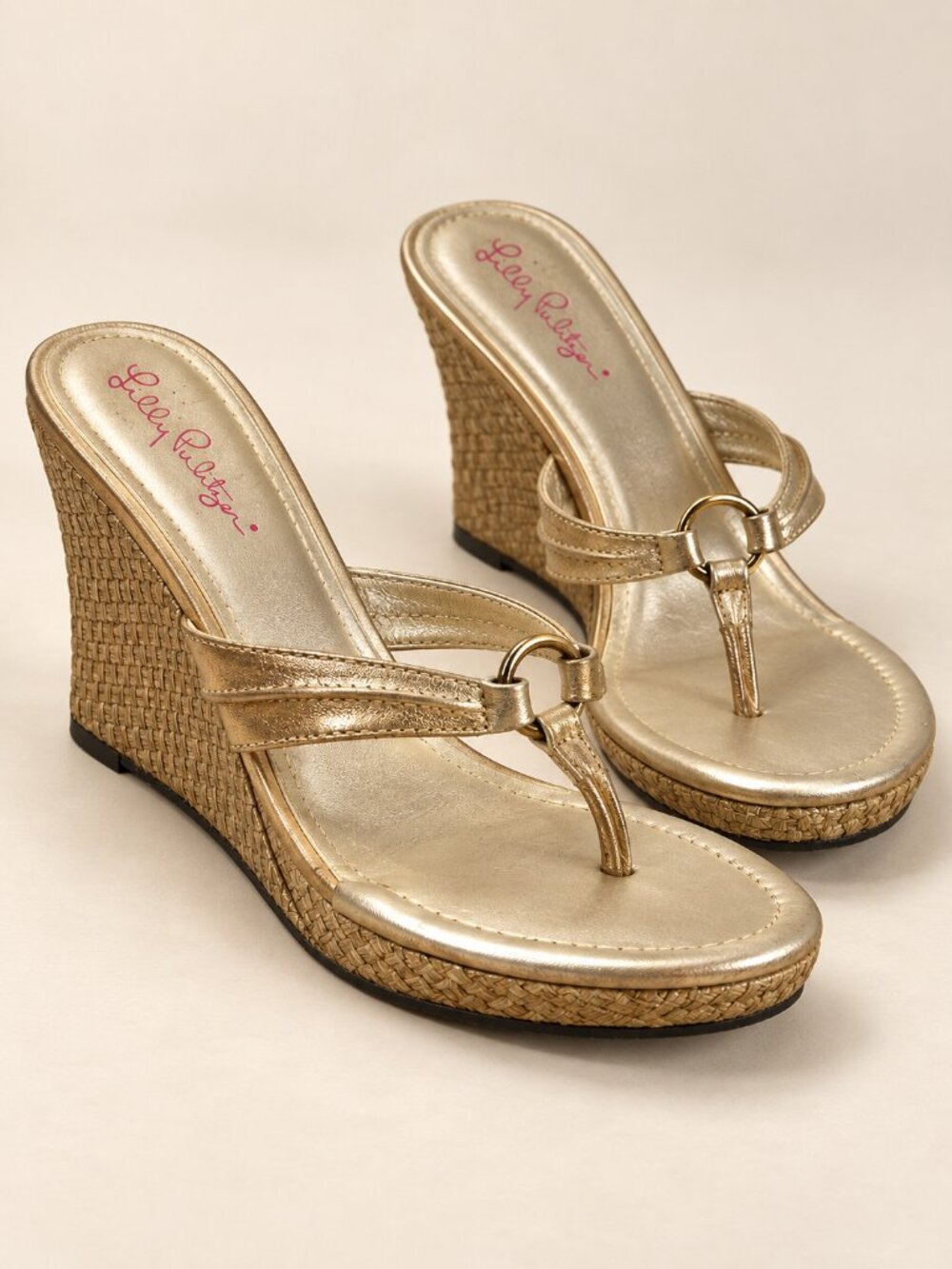 Lilly Pulitzer McKim Gold Leather Woven Wedge Thong Sandals Size 8.5 M